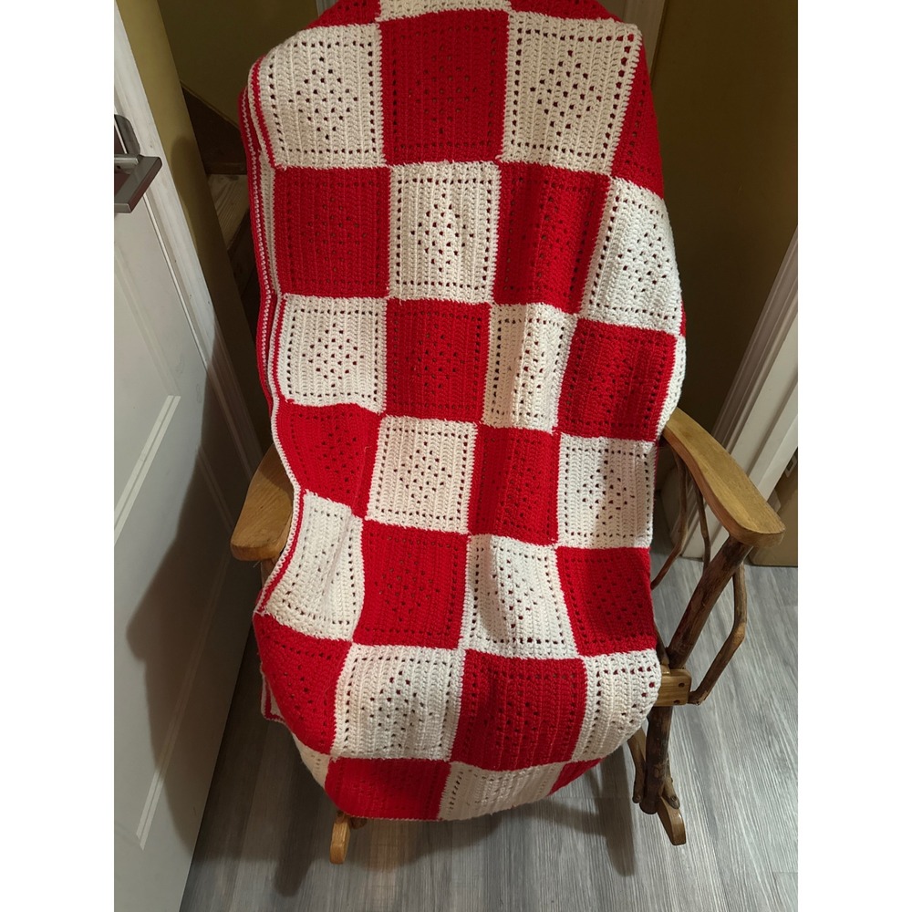 Vintage Handmade Granny Square Crochet Afghan Blanket Red White Checkerboard‎